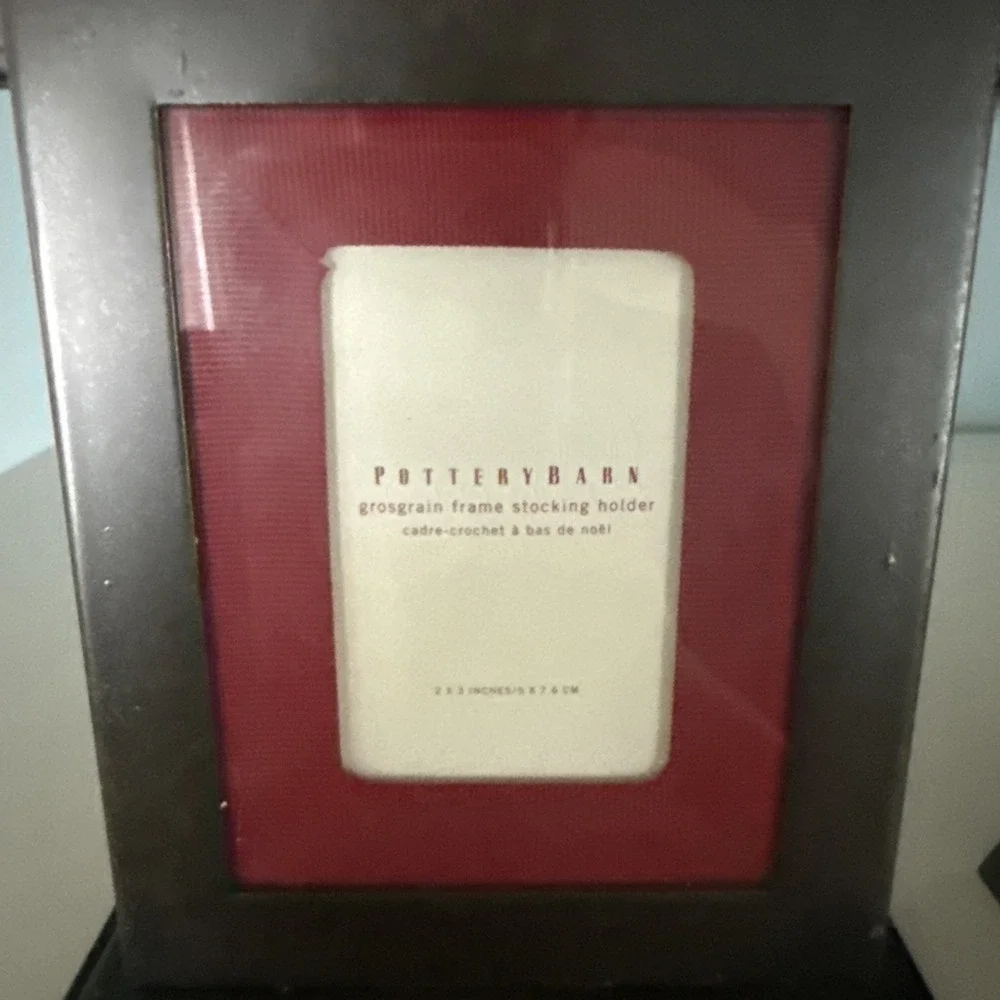 Set 2 Pottery Barn Silver Grosgrain Red Picture Frame Christmas Stocking Holder